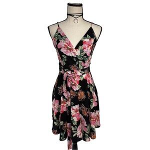 Love J Black Floral Wrap Mini Dress | Size Large